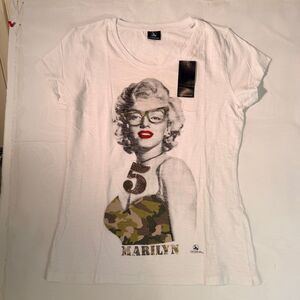 Vintage 1985 Women's L White Marilyn Monroe Camo Rhinestone Cotton Tee #5 Glam